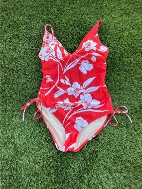 Kona Sol Red Floral One-Piece Swimsuit with White Bloom Print